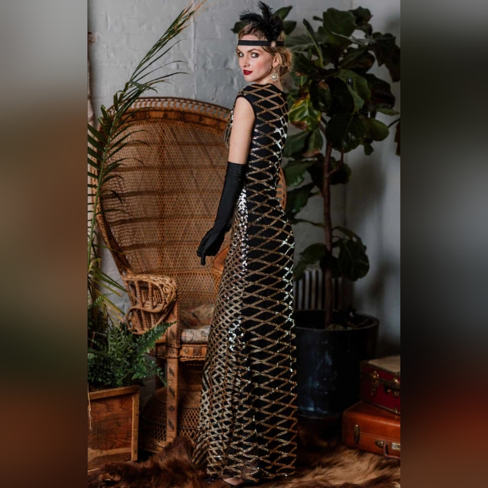 Retro Stage Gold and Black Sequin 1920s Evening Gown Size S NWT - Picture 5 of 13